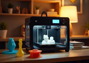 3D-принтер печатает модель в домашней мастерской с материалами и инструментами для настройки