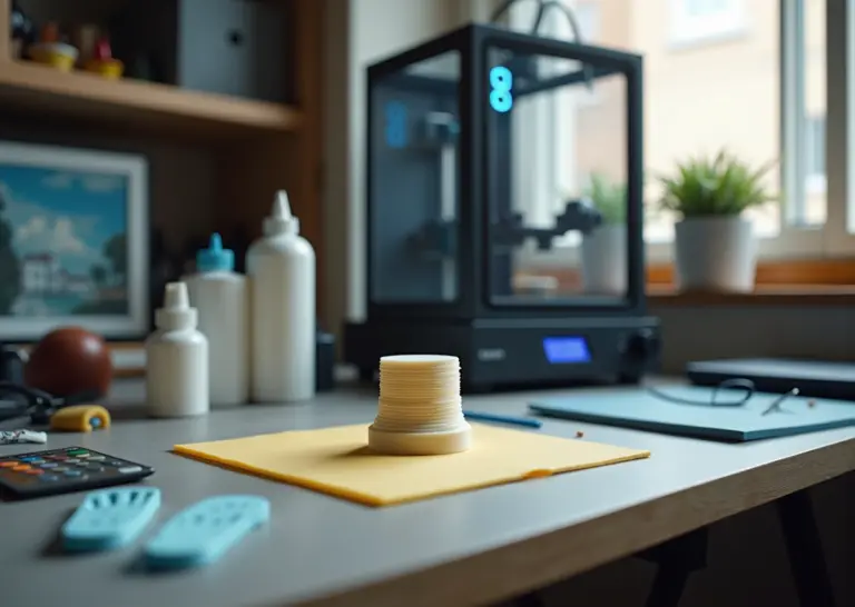 Домашняя мастерская с 3D-принтером, инструментами для постобработки и гладкой 3D моделью