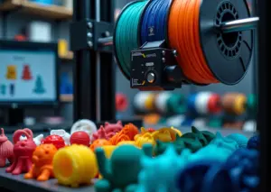 3D-принтер с настройками PrusaSlicer и пластиковыми катушками разных цветов