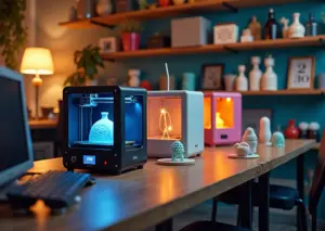 Бюджетные 3D-принтеры на рабочем столе в домашней мастерской с напечатанными изделиями
