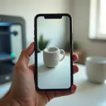 Современный смартфон сканирует объект для 3D-печати в домашней мастерской с 3D-принтером на заднем плане