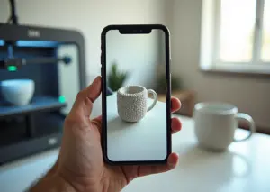 Современный смартфон сканирует объект для 3D-печати в домашней мастерской с 3D-принтером на заднем плане
