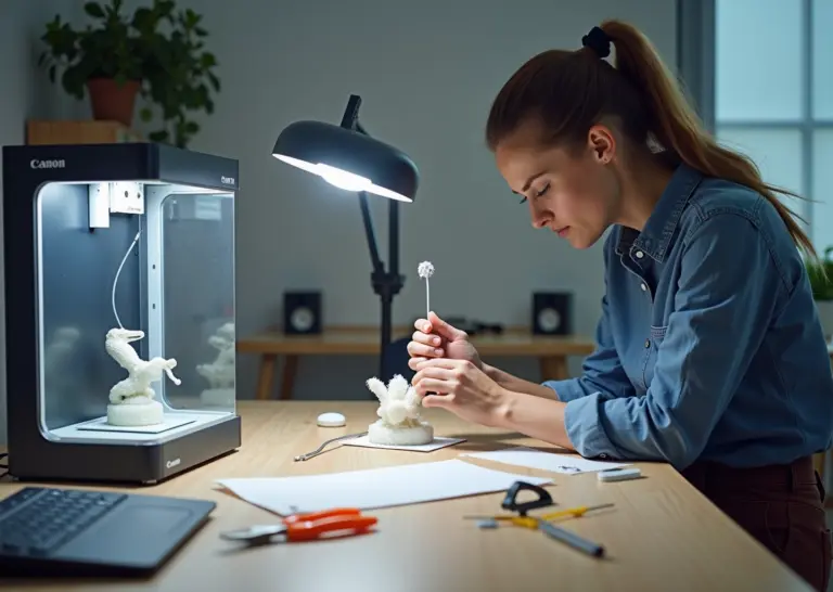 Чистое рабочее место с 3D принтером и инструментами для аккуратного удаления поддержек с модели