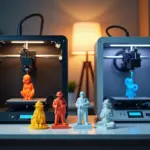 Сравнение 3D-принтеров технологий FDM и SLA, показывающее процесс печати и готовые качественные модели