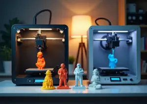 Сравнение 3D-принтеров технологий FDM и SLA, показывающее процесс печати и готовые качественные модели
