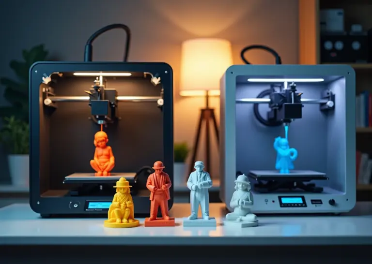 Сравнение 3D-принтеров технологий FDM и SLA, показывающее процесс печати и готовые качественные модели