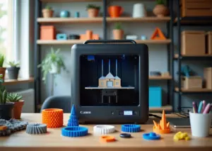 Домашний 3D-принтер печатает крепления и кронштейны, рядом напечатанные изделия, инструменты и полки для хранения.