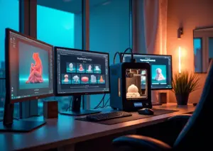 Рабочее место домашнего пользователя с тремя экранами, показывающими интерфейсы сайтов Thingiverse Printables и MyMiniFactory, и 3D-принтером