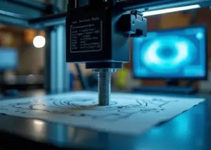Близкий план 3D-принтера, печатающего функциональное резьбовое соединение, с изображением слоев и структуры резьбы на фоне CAD дизайна