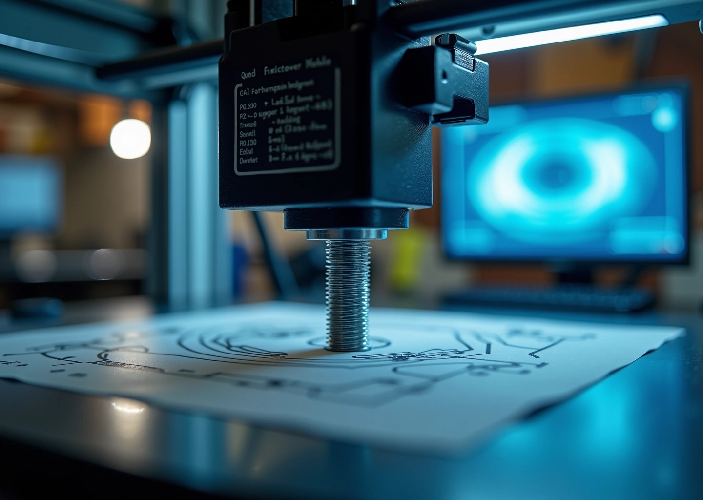 Близкий план 3D-принтера, печатающего функциональное резьбовое соединение, с изображением слоев и структуры резьбы на фоне CAD дизайна