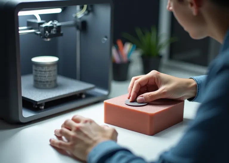 Руки, шлифующие и обрабатывающие поверхность 3D-печатной модели с инструментами для 3D-печати на заднем плане