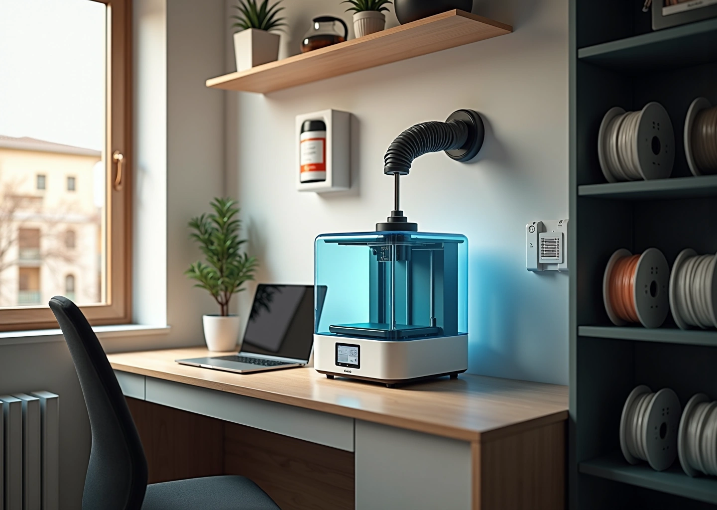 Домашняя мастерская с 3D‑принтером в корпусе, вытяжкой в окно, очистителем воздуха и огнетушителем на видном месте