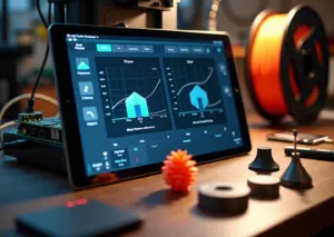 Домашний 3D‑принтер в процессе быстрой печати; на экране виден интерфейс Klipper с графиками input shaping и настройками pressure advance, рядом напечатанные образцы для сравнения скорости.