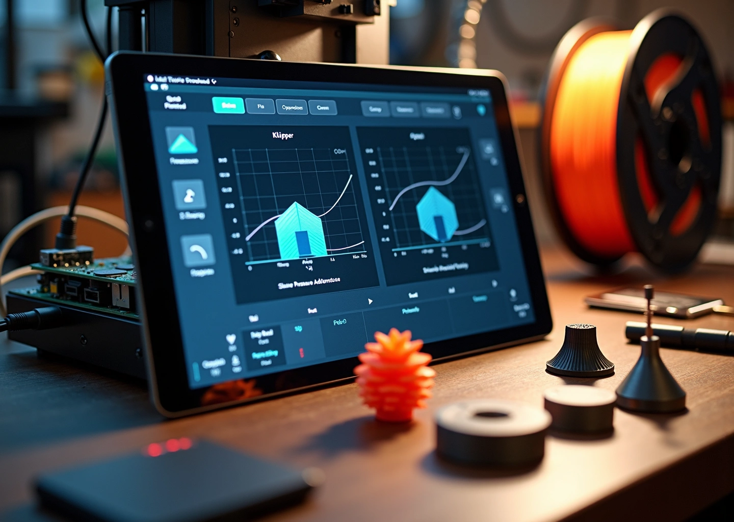 Домашний 3D‑принтер в процессе быстрой печати; на экране виден интерфейс Klipper с графиками input shaping и настройками pressure advance, рядом напечатанные образцы для сравнения скорости.