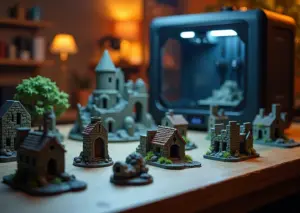 На игровом столе для настольных игр разложены разнообразные 3D-печатные миниатюры и элементы террейна, а на заднем плане виден работающий 3D-принтер.