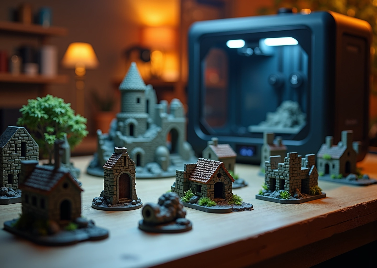 На игровом столе для настольных игр разложены разнообразные 3D-печатные миниатюры и элементы террейна, а на заднем плане виден работающий 3D-принтер.