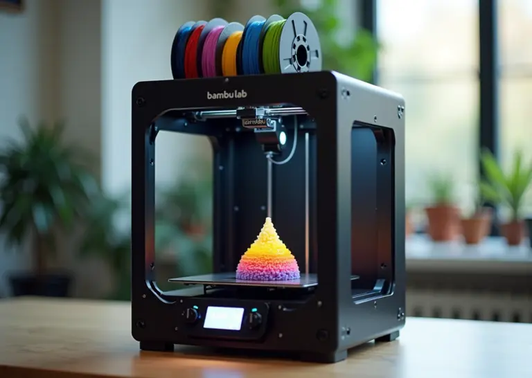 Современный 3D-принтер Bambu Lab с системой AMS печатает разноцветную детализированную модель в хорошо освещенной домашней мастерской.