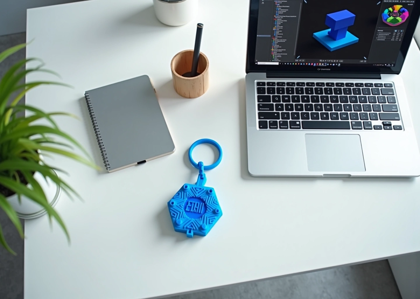 Ноутбук с открытым интерфейсом Tinkercad, на котором видна 3D-модель брелока, и рядом лежит такой же брелок, напечатанный на 3D-принтере.