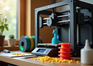 Домашний 3D‑принтер печатает PLA‑деталь, на столе бобины PLA, инструменты, банка с силикагелем и зерна кукурузы как символ сырья