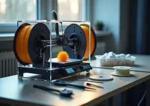 Домашний 3D‑принтер с катушками Nylon и PC, распечатанные прочные детали, сушильный бокс и инструменты для постобработки на рабочем столе