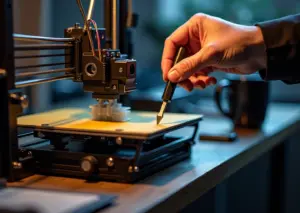 Крупный план FDM-принтера с видимым смещением слоёв, механик подтягивает ремень, рядом инструменты и блокнот с заметками на кириллице