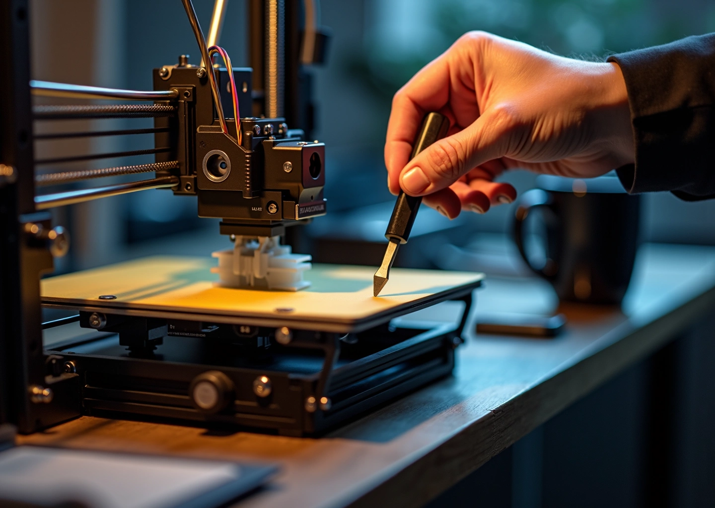 Крупный план FDM-принтера с видимым смещением слоёв, механик подтягивает ремень, рядом инструменты и блокнот с заметками на кириллице