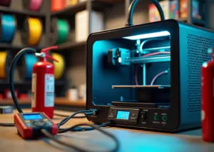 Домашняя мастерская с 3D принтером на рабочем столе, мультиметр показывает замер, видны кабели питания и тестовое оборудование, рядом огнетушитель и катушки филамента