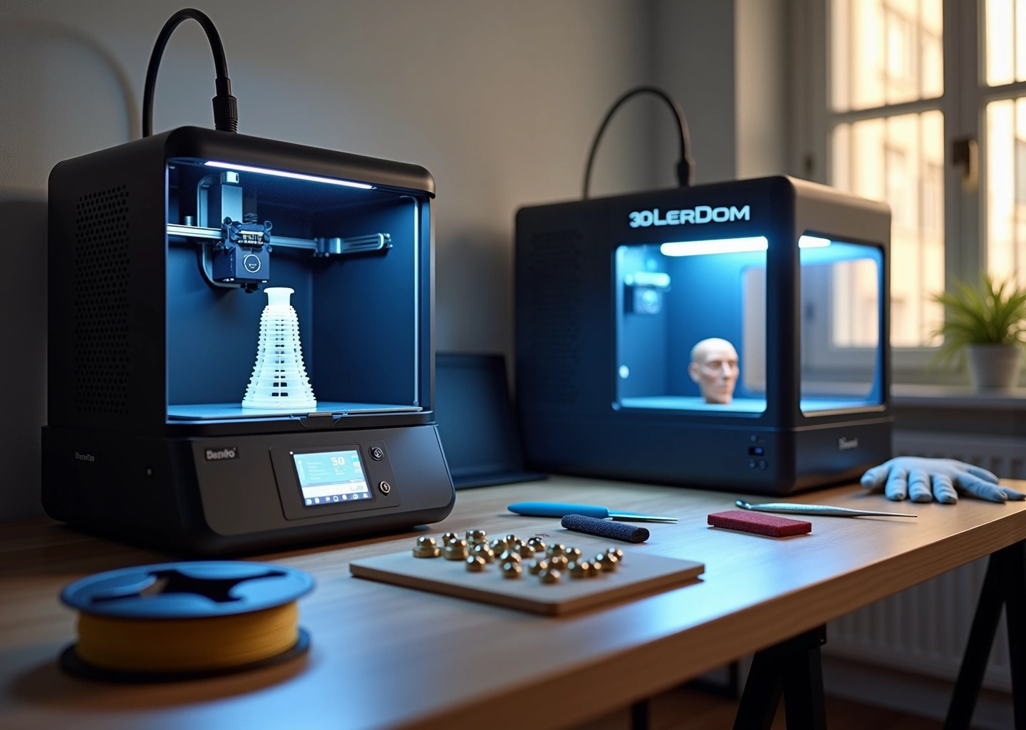 Домашний стол для 3D‑печати с FDM и MSLA принтерами, катушкой филамента и инструментами для постобработки