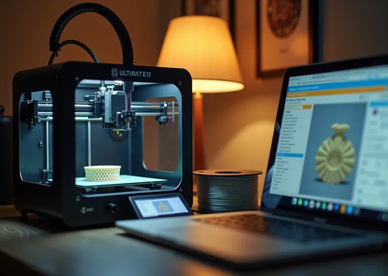 Ноутбук с открытым Ultimaker Cura рядом с печатающим FDM принтером, катушка пластика и свежая деталь на столе