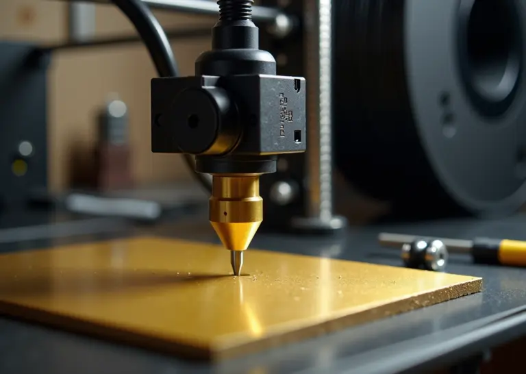 Крупный план экструдерного модуля 3D‑принтера с выдвинутым датчиком BLTouch/CRTouch над текстурированным столом, на фоне инструменты и катушка филамента