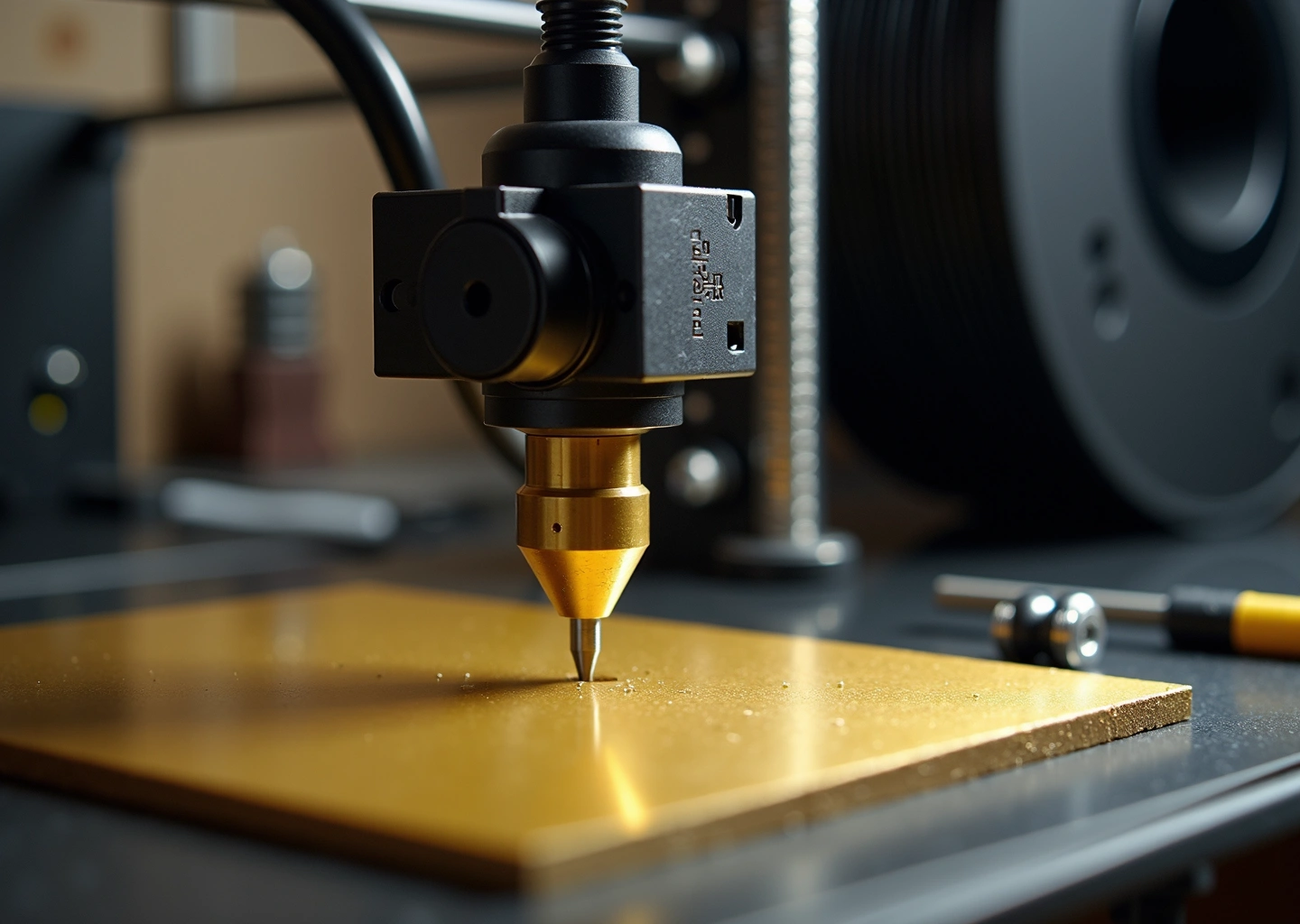 Крупный план экструдерного модуля 3D‑принтера с выдвинутым датчиком BLTouch/CRTouch над текстурированным столом, на фоне инструменты и катушка филамента