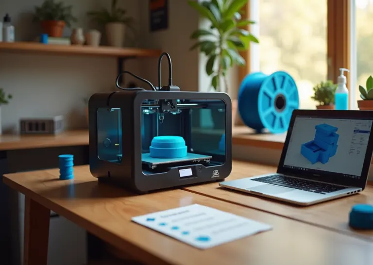 Фотография домашней мастерской с настольным FDM 3D‑принтером, катушкой филамента, ноутбуком со слайсером и распечатанными тестовыми деталями, на переднем плане карточка со словарными терминами на русском языке