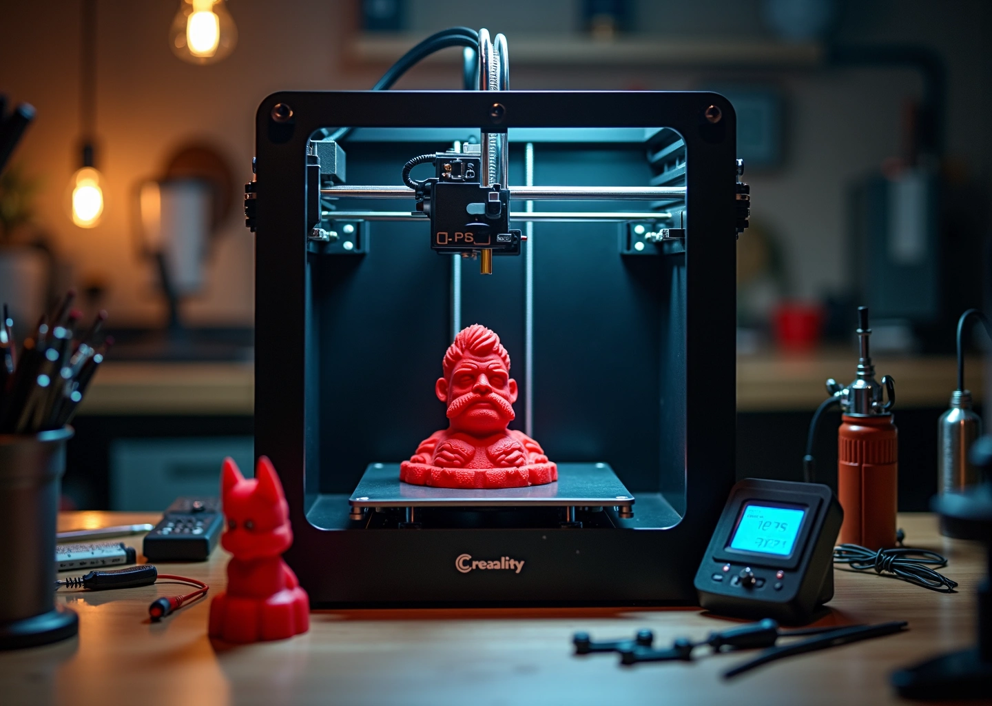 Creality Ender 3 на рабочем столе с набором популярных апгрейдов и напечатанной моделью Benchy на переднем плане