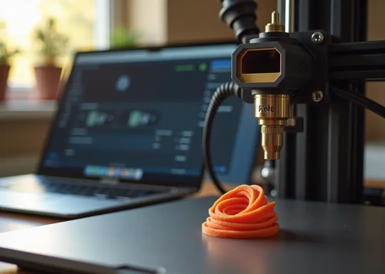 Фотография 3D‑принтера и свежепечатной детали без «паутины», хотэнд и экран с настройками ретракта