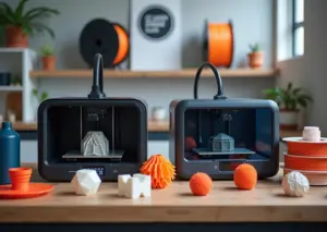Фотография настольных FDM и MSLA 3D-принтеров на рабочем столе с образцами напечатанных предметов для дома, катушками филамента и бутылочками смолы на заднем плане