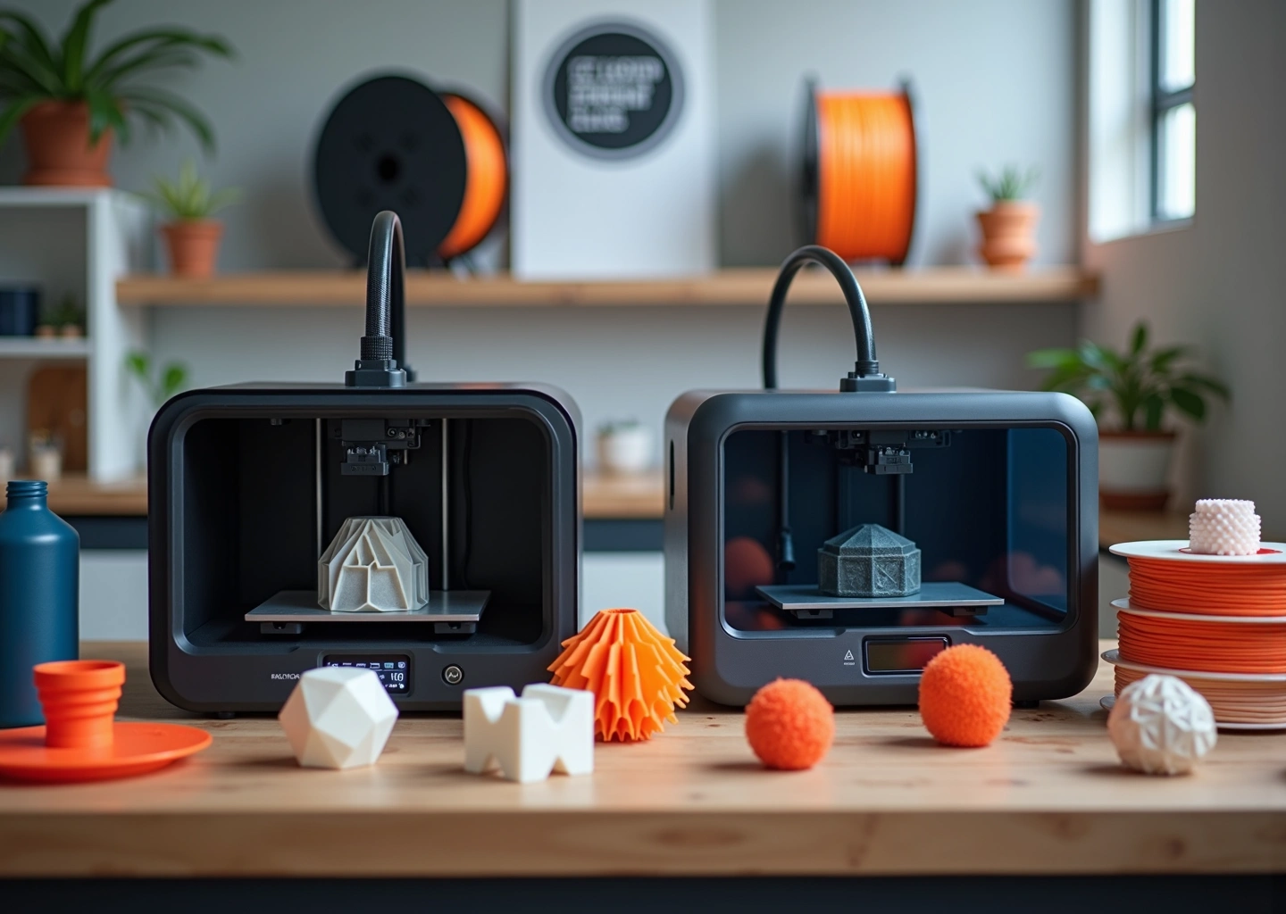 Фотография настольных FDM и MSLA 3D-принтеров на рабочем столе с образцами напечатанных предметов для дома, катушками филамента и бутылочками смолы на заднем плане