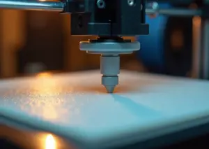 Крупный план сопла 3D‑принтера, наносящего ровный первый слой на подготовленную поверхность PEI; видна приплюснутая дорожка, катушка филамента и шпатель на фоне мастерской.