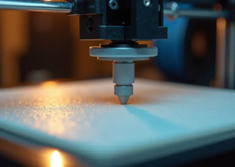 Крупный план сопла 3D‑принтера, наносящего ровный первый слой на подготовленную поверхность PEI; видна приплюснутая дорожка, катушка филамента и шпатель на фоне мастерской.