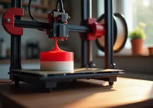 Фотография домашнего FDM‑принтера с одним экструдéром, печатающего двухцветный объект; видны две катушки филамента и маленькая башня промывки рядом с моделью.