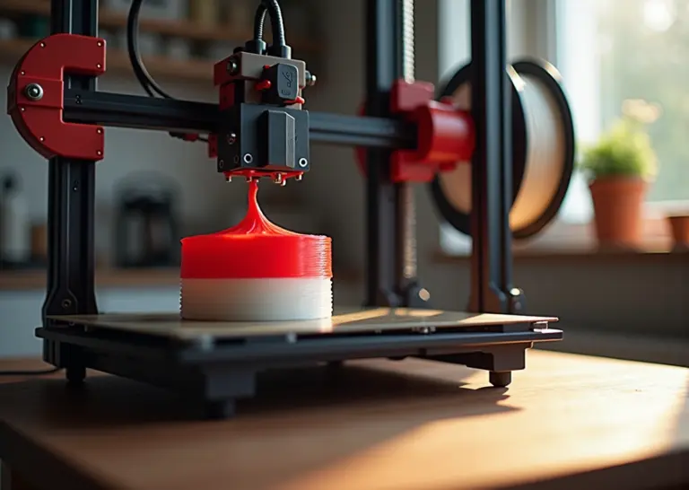 Фотография домашнего FDM‑принтера с одним экструдéром, печатающего двухцветный объект; видны две катушки филамента и маленькая башня промывки рядом с моделью.