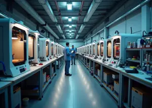 Интерьер небольшой фермы 3D‑принтеров: стойки с FDM‑принтерами, стол с фотополимерными принтерами и УФ‑отверждением, оператор с планшетом, каталоги материалов и аккуратно расставленные катушки филамента.