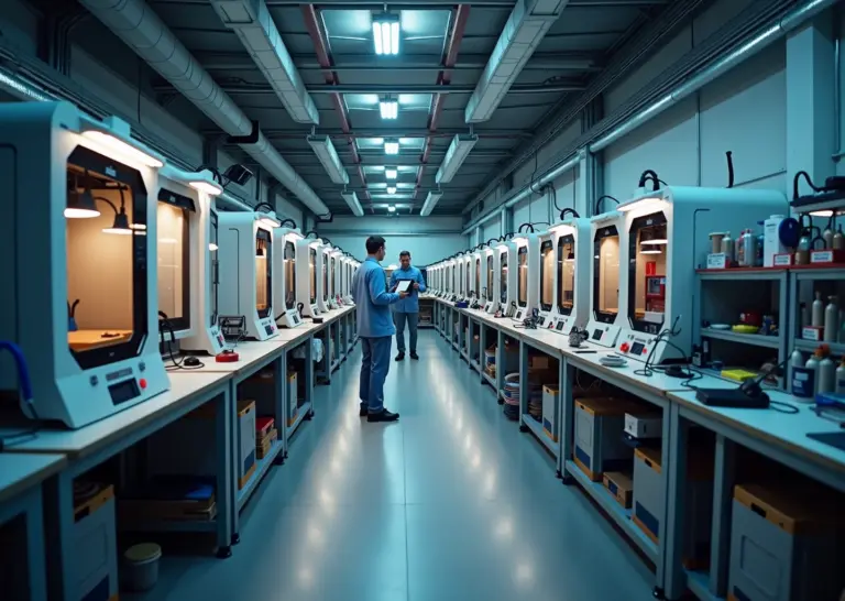 Интерьер небольшой фермы 3D‑принтеров: стойки с FDM‑принтерами, стол с фотополимерными принтерами и УФ‑отверждением, оператор с планшетом, каталоги материалов и аккуратно расставленные катушки филамента.