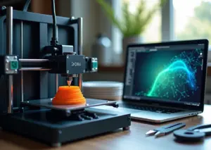 Настольный 3D‑принтер печатает на фоне ноутбука с интерфейсом слайсера и графикой нейронной сети, катушка PLA на столе.