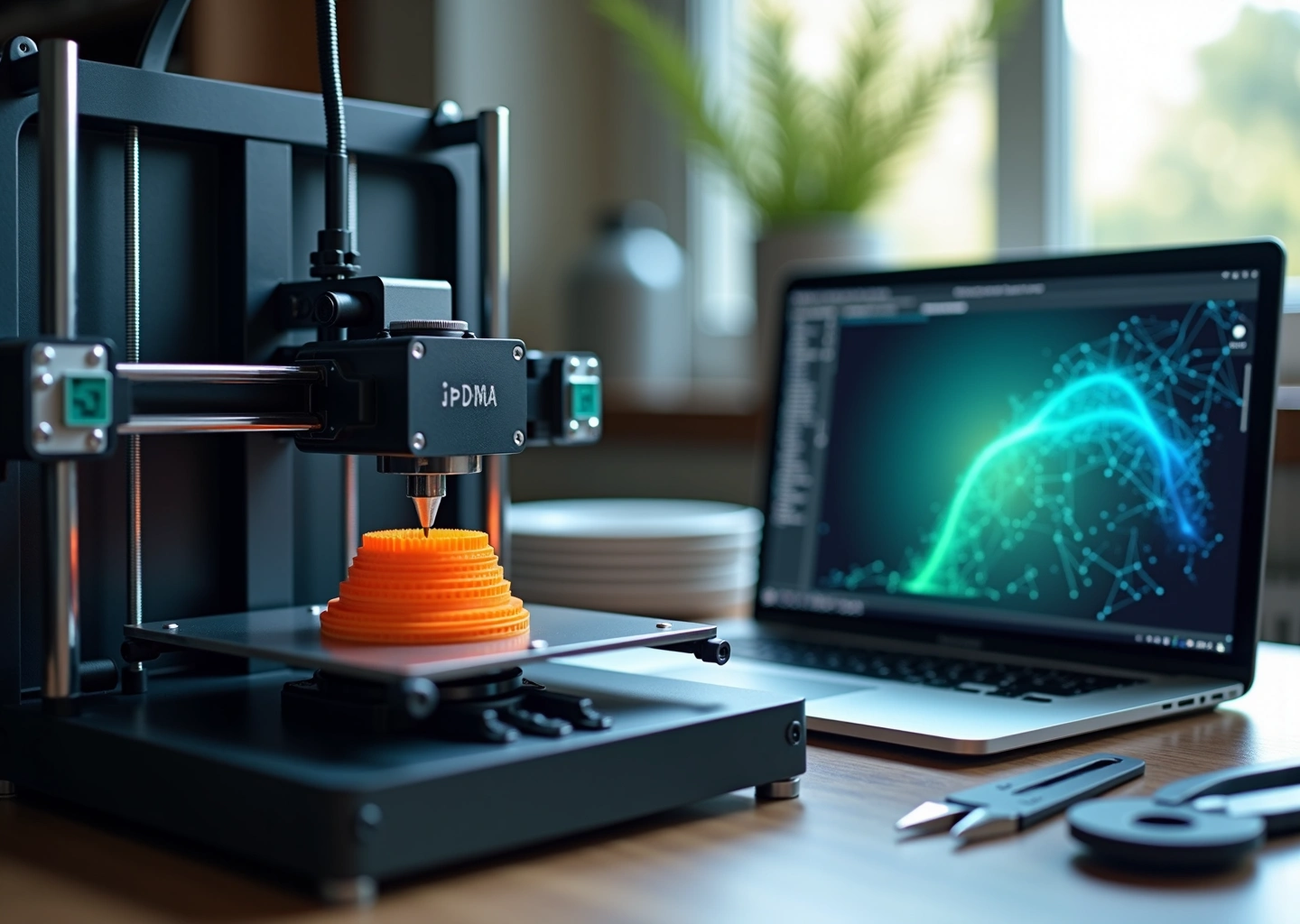 Настольный 3D‑принтер печатает на фоне ноутбука с интерфейсом слайсера и графикой нейронной сети, катушка PLA на столе.