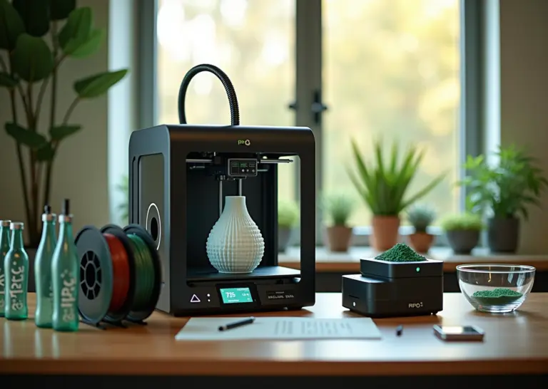 Домашняя мастерская с 3D‑принтером, катушками rPET и PLA, мини‑экструдером и измельчённым пластиком на столе