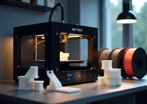 QIDI Tech X‑Max 3 в домашней мастерской на фоне рулонов филамента PC, Nylon, PEEK и напечатанных прочных деталей