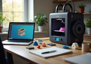 Рабочий стол с ноутбуком, открытым Fusion и напечатанной деталью рядом с работающим 3D‑принтером