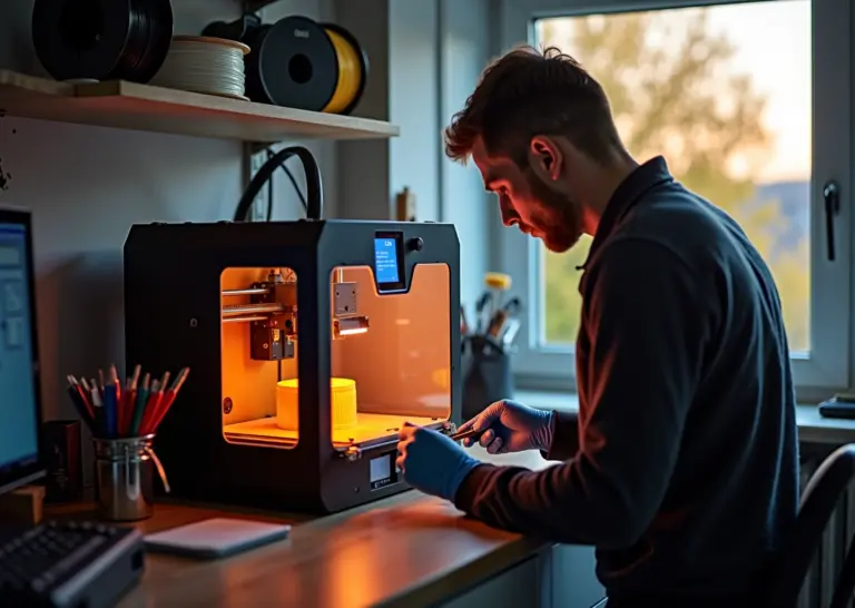 Домашняя мастерская с работающим 3D‑принтером с закрытой камерой, катушки филамента и системой фильтрации на столе