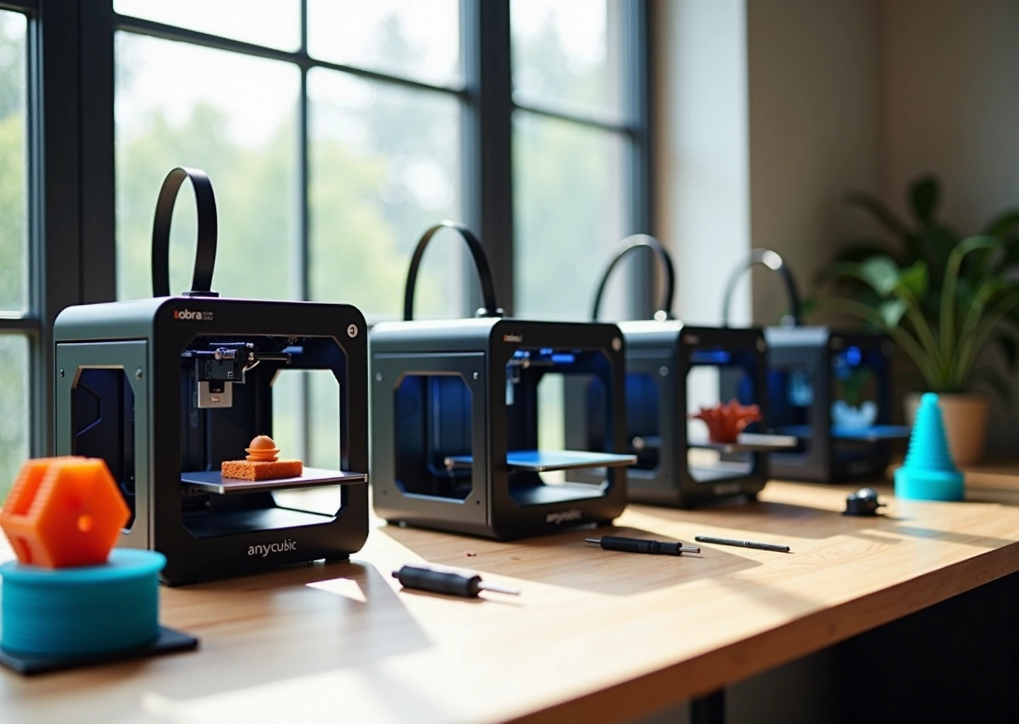 Домашняя мастерская с пятью принтерами Anycubic Kobra разных моделей, несколько напечатанных предметов на столе