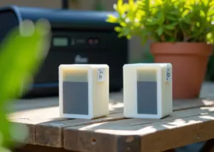 Близкий план 3D‑напечатанных образцов ABS и ASA на садовом столе при дневном свете с видимыми сечениями и тестом выцветания, на заднем плане размытый FDM‑принтер и растения.